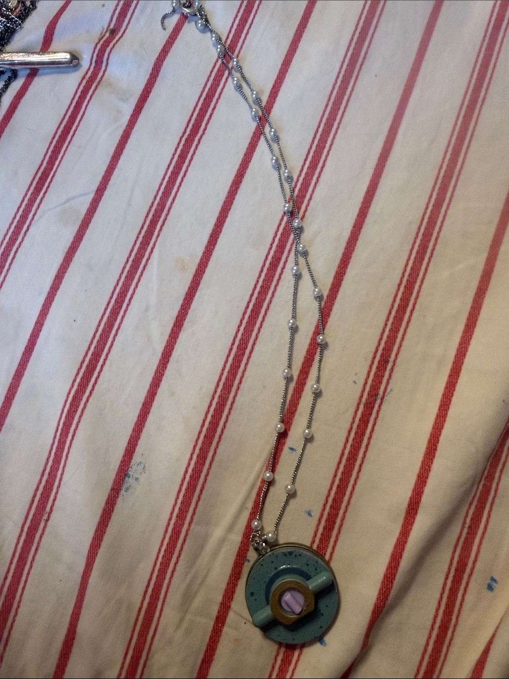Layered Silver-Tone Necklace with Blue-Green Circular Pendant